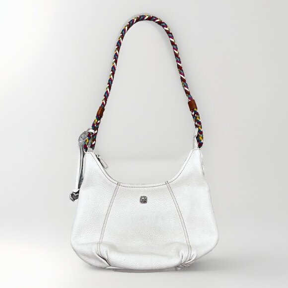 Brighton Handbags - Brighton Purse Womens White Pebbled Leather Rainbow Braided Shoulder Boho Bag